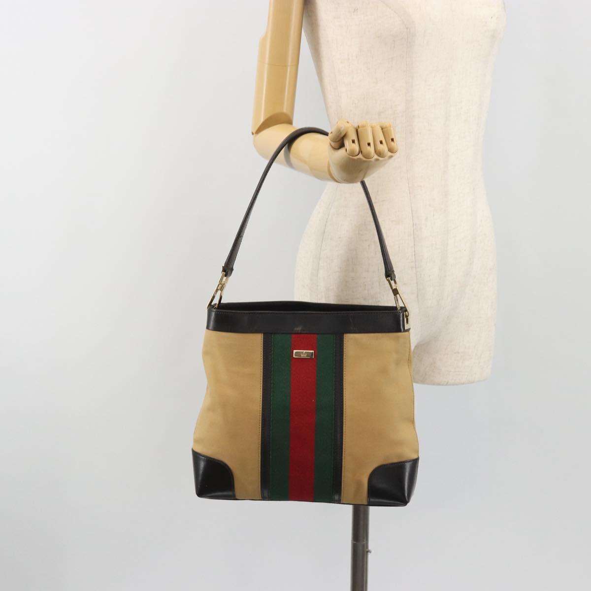 GUCCI Web Sherry Line Shoulder Bag Canvas Beige Gold Auth 195574A