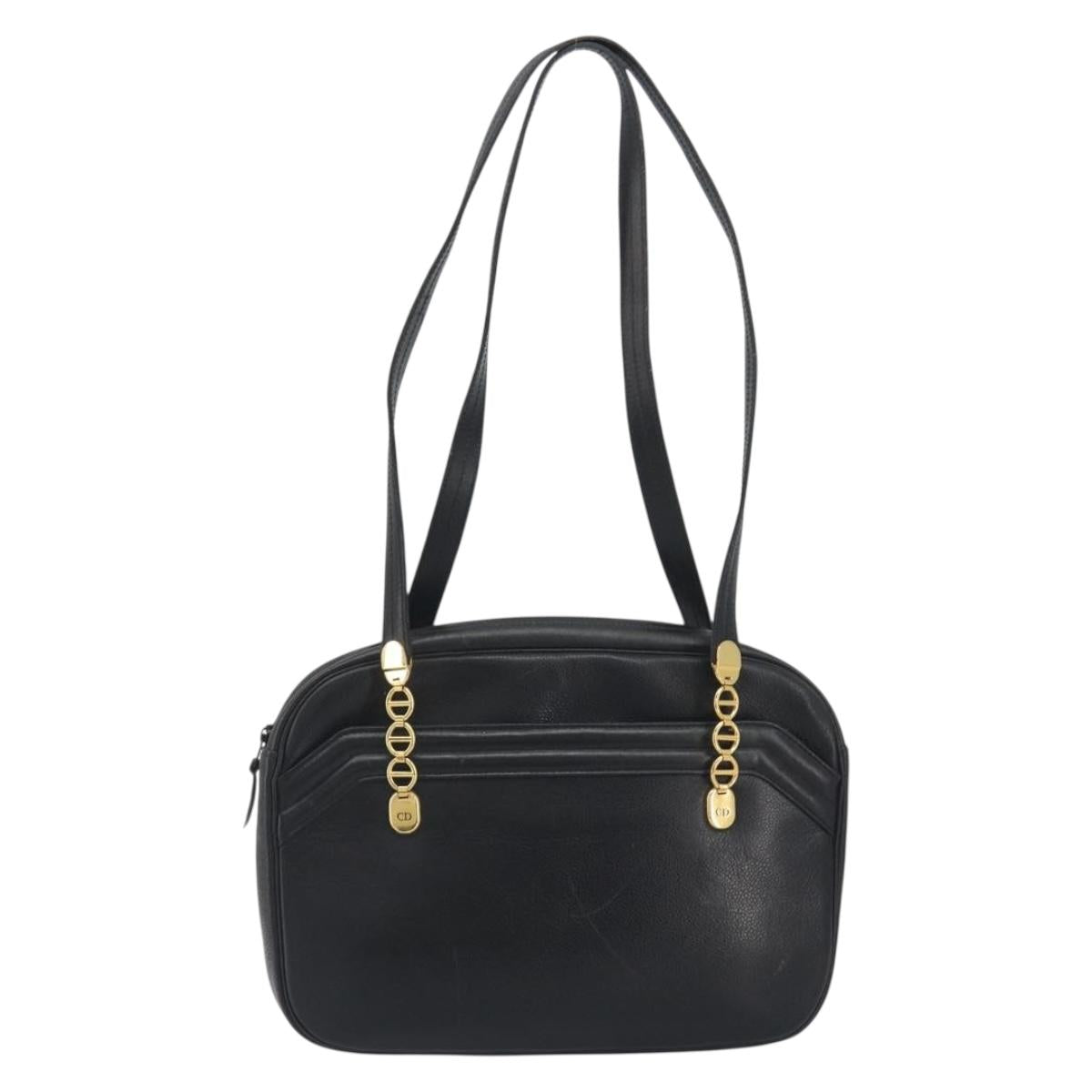 Christian Dior Tote Bag Leather Black Gold Auth 195576A
