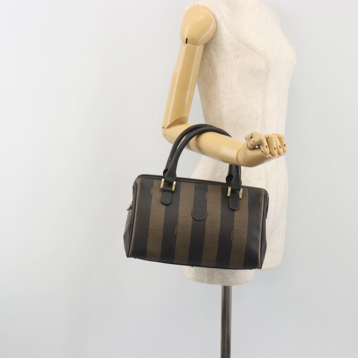 FENDI Pecan Canvas Boston Bag PVC Black Brown Auth 195590