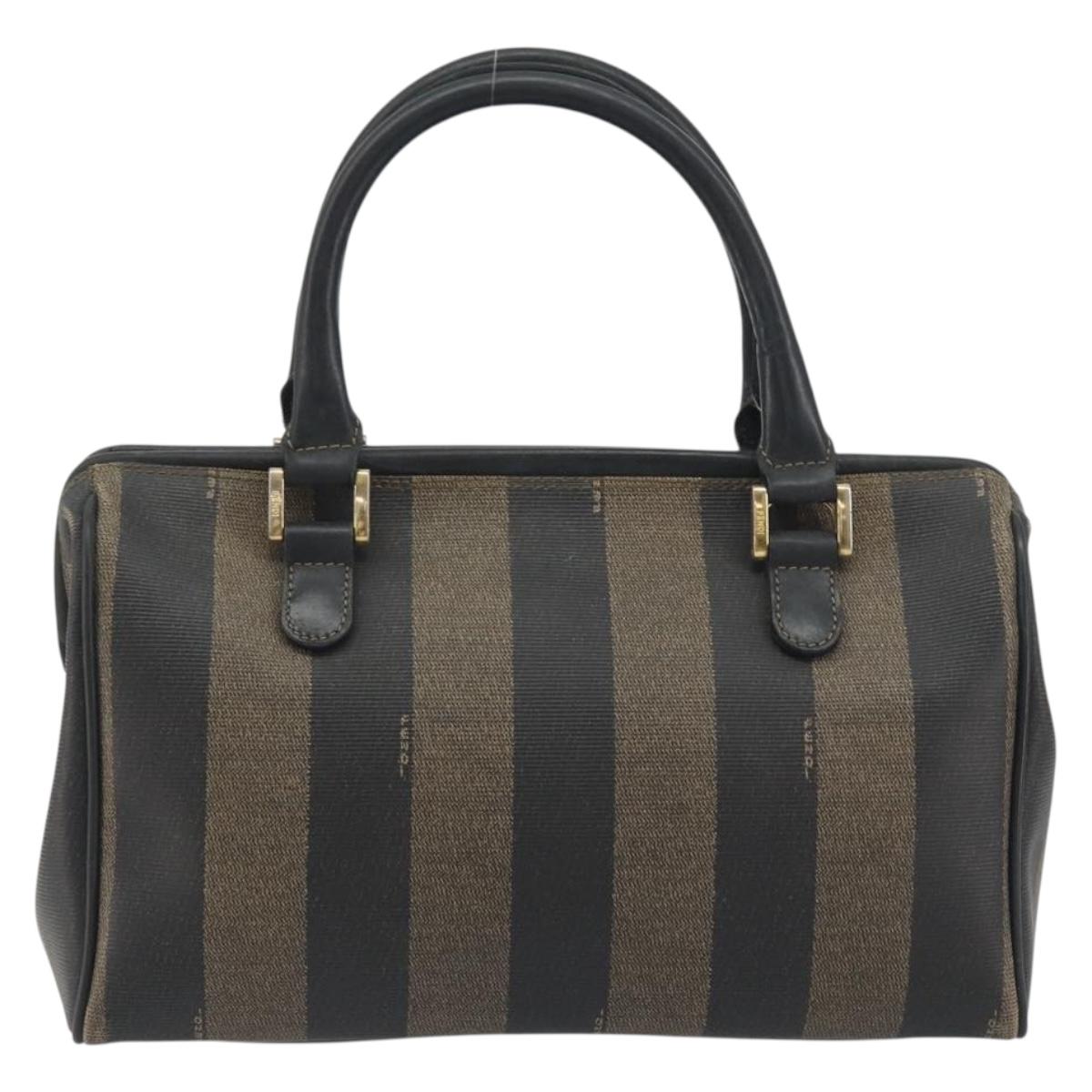FENDI Pecan Canvas Boston Bag PVC Black Brown Auth 195590