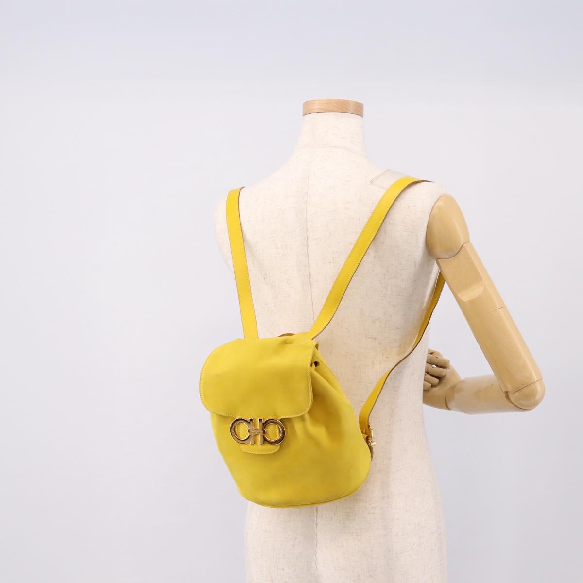 Salvatore Ferragamo Gancini Backpack Suede Yellow Gold Auth 195597A