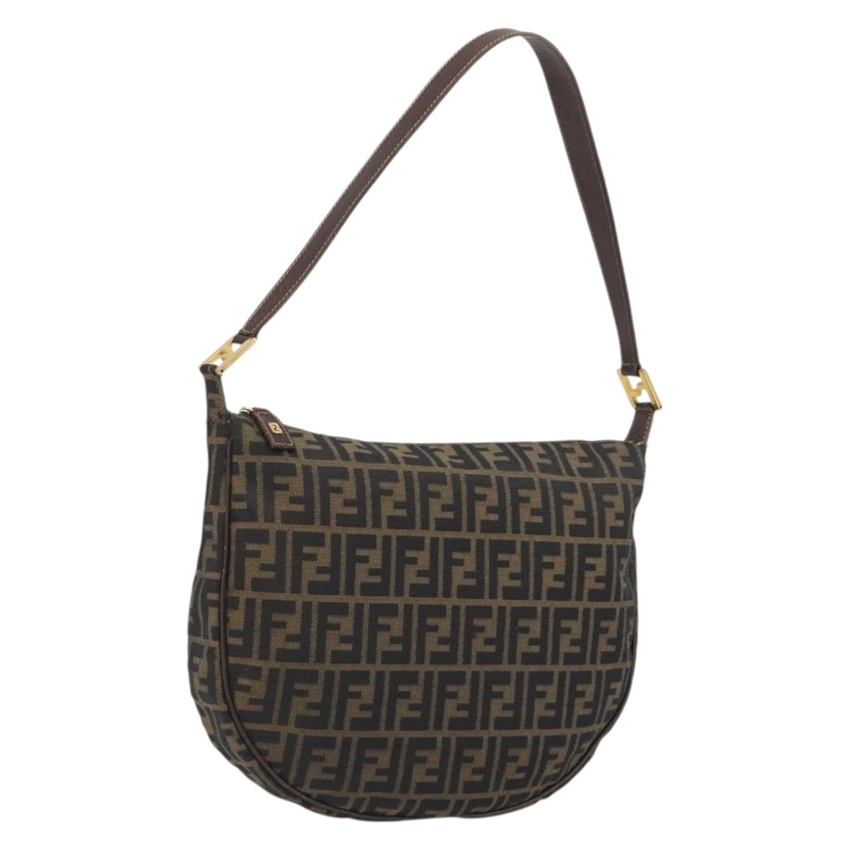 FENDI Zucca Canvas Shoulder Bag Brown Black Auth 195599