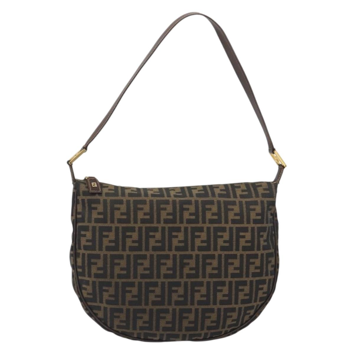 FENDI Zucca Canvas Shoulder Bag Brown Black Auth 195599