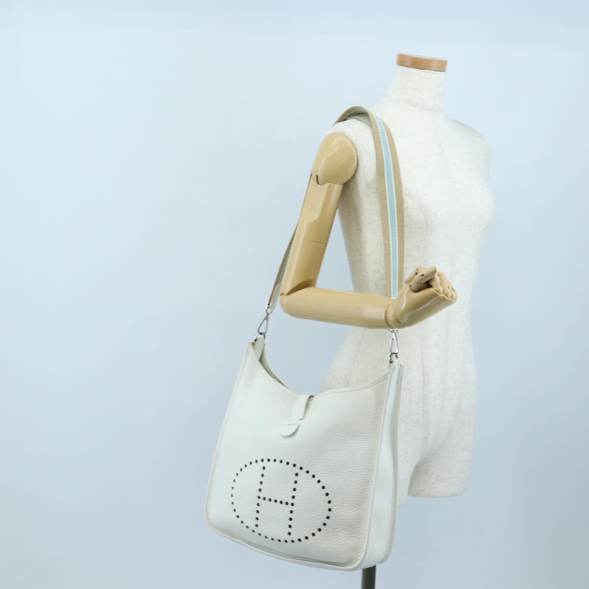 HERMES Evelyn 1GM Shoulder Bag Leather White Silver Auth 195640SAM