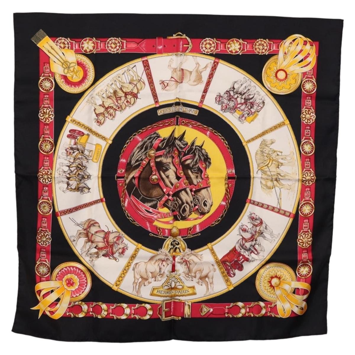 HERMES Carre 90 Scarf ”CHEVAUX DE TRAIT” Silk Black Auth 195641M
