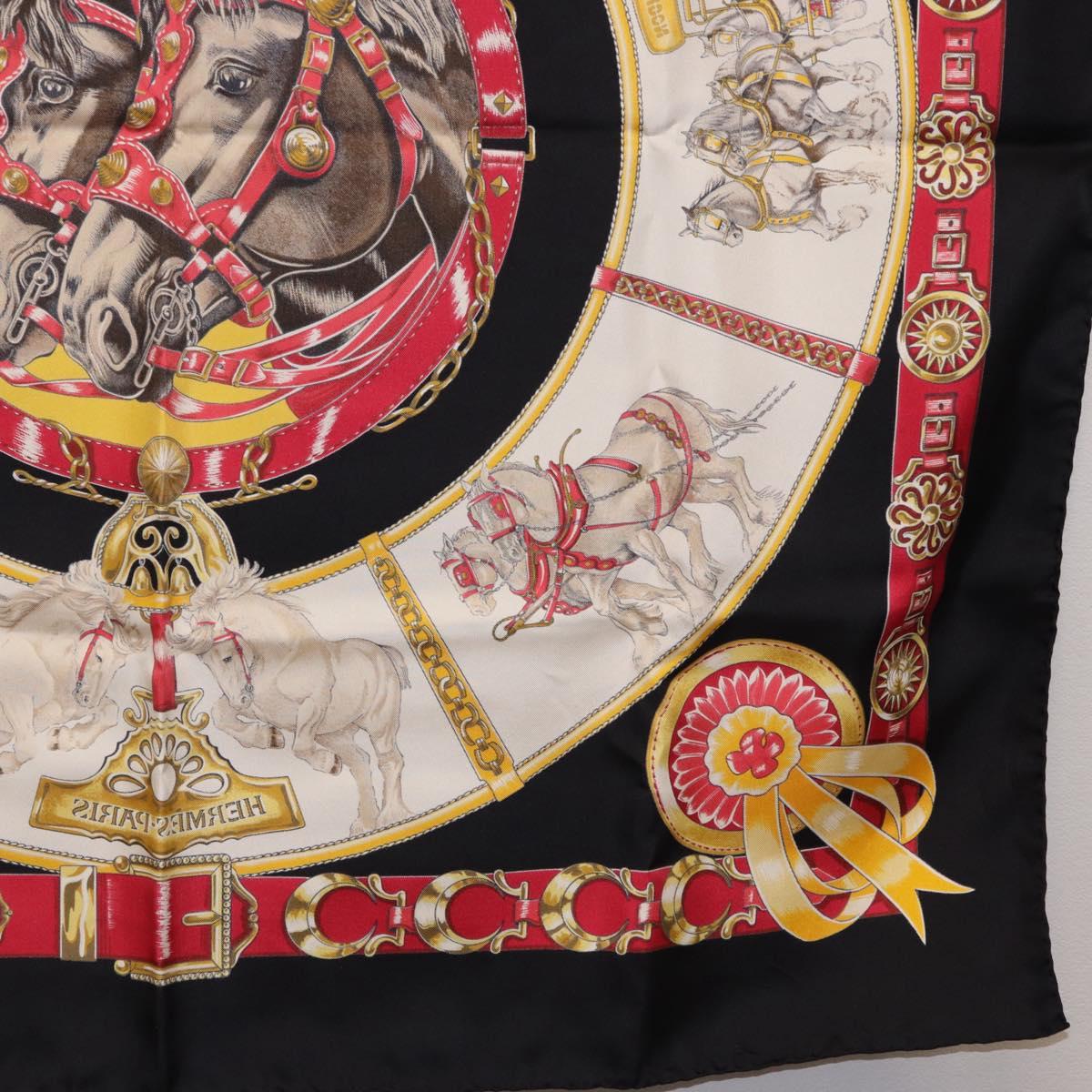 HERMES Carre 90 Scarf ”CHEVAUX DE TRAIT” Silk Black Auth 195641M