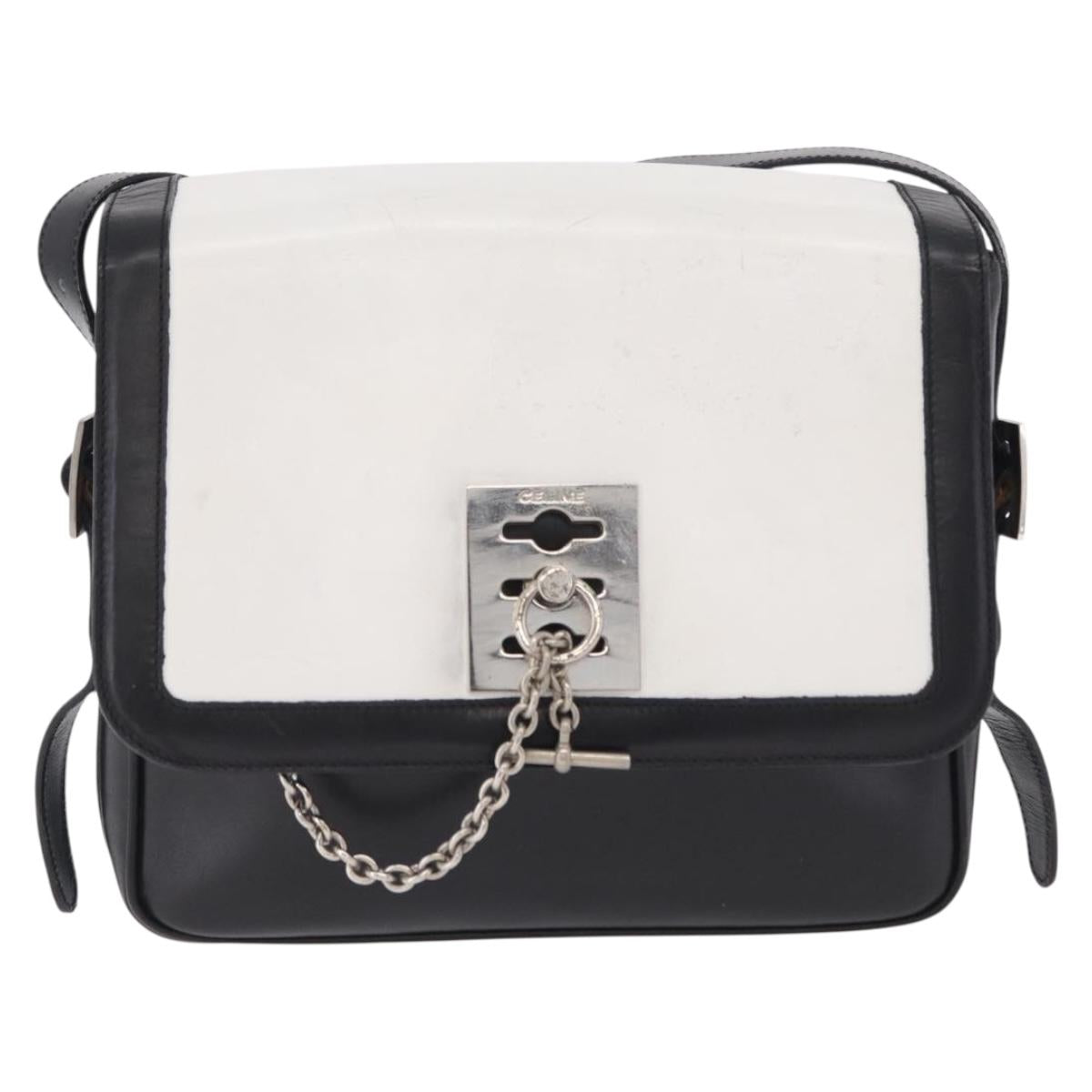 CELINE Shoulder Bag Leather White Black Silver Auth 195652