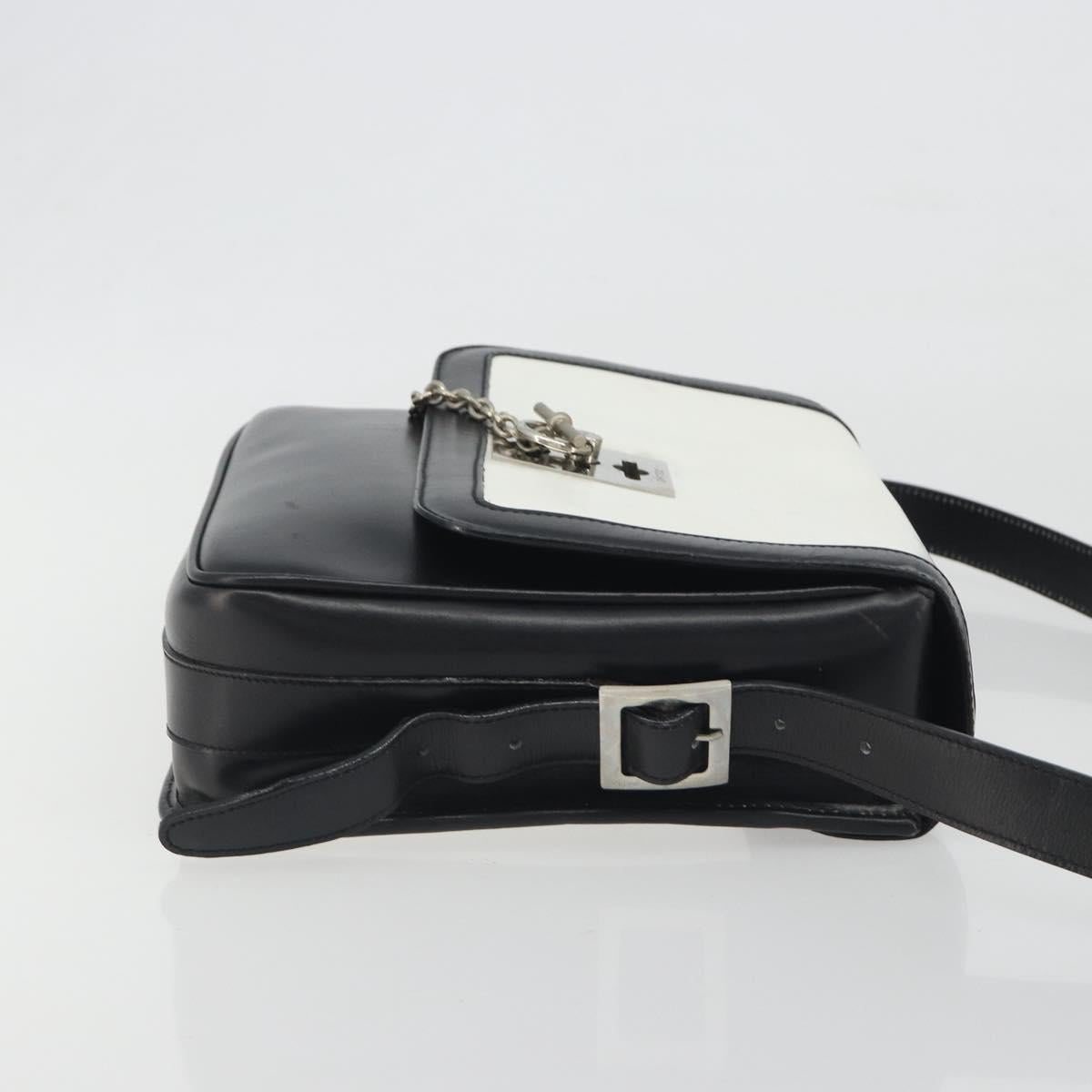 CELINE Shoulder Bag Leather White Black Silver Auth 195652