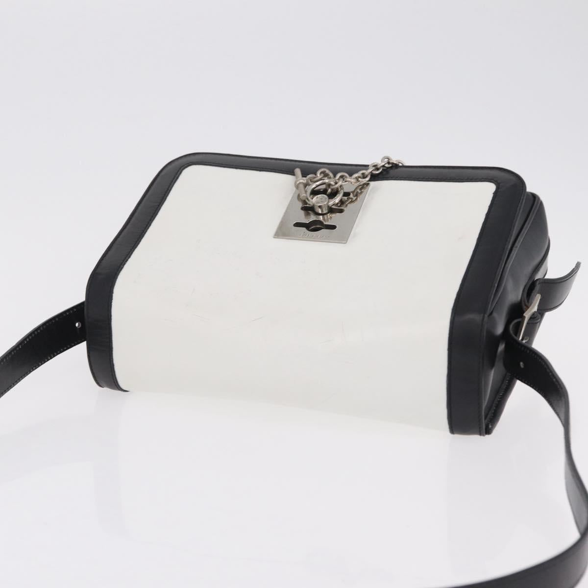 CELINE Shoulder Bag Leather White Black Silver Auth 195652
