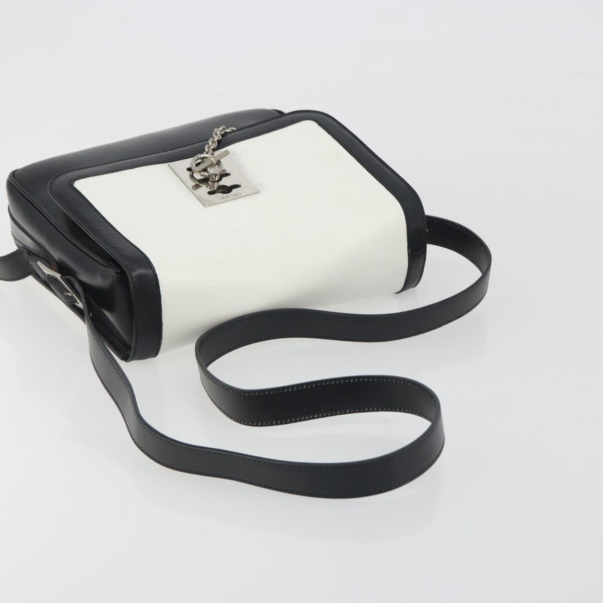 CELINE Shoulder Bag Leather White Black Silver Auth 195652