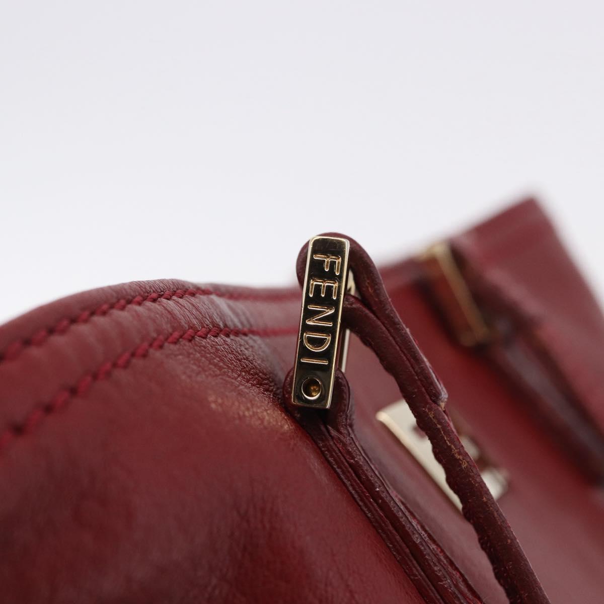 FENDI Hand Bag Leather Red Gold Auth 195663