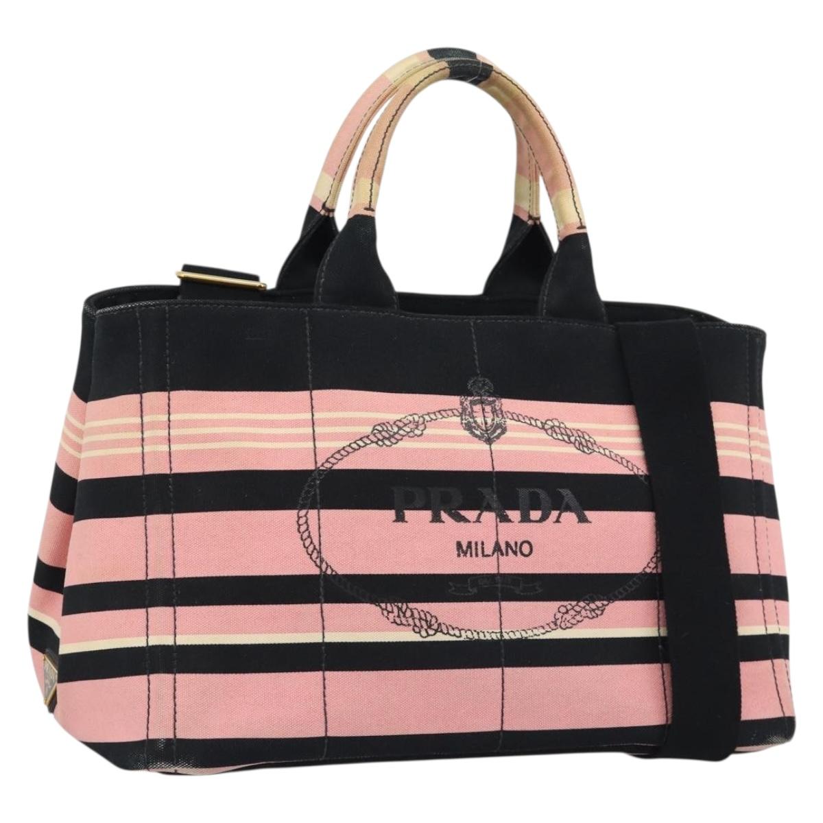 PRADA Canapa MM Hand Bag Canvas 2way Pink Gold Auth 195670