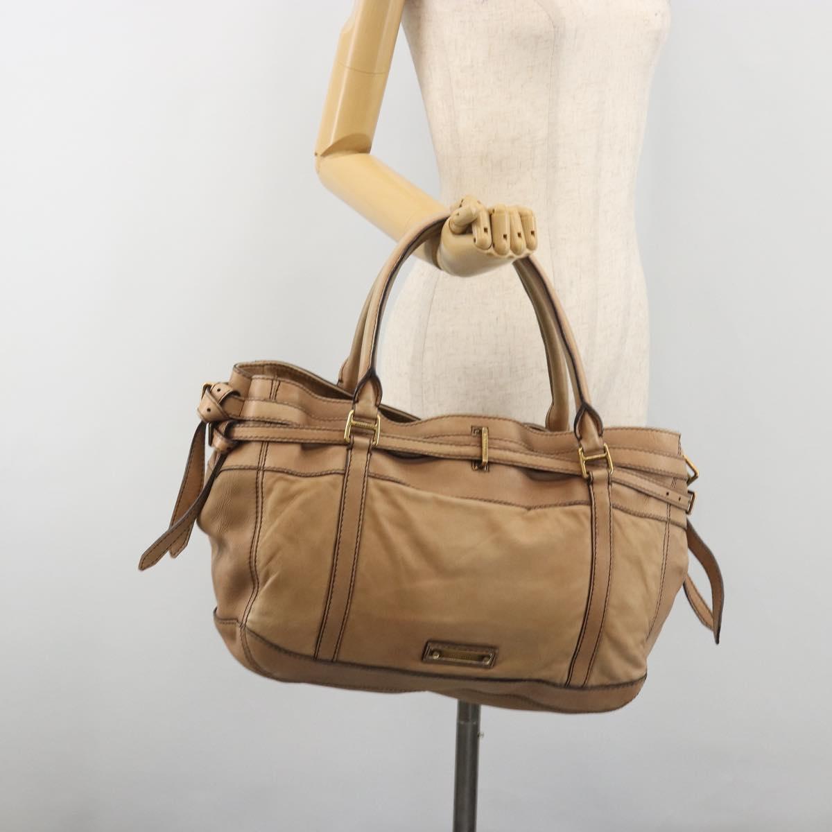 BURBERRY Tote Bag Leather Beige Gold Auth 195681A