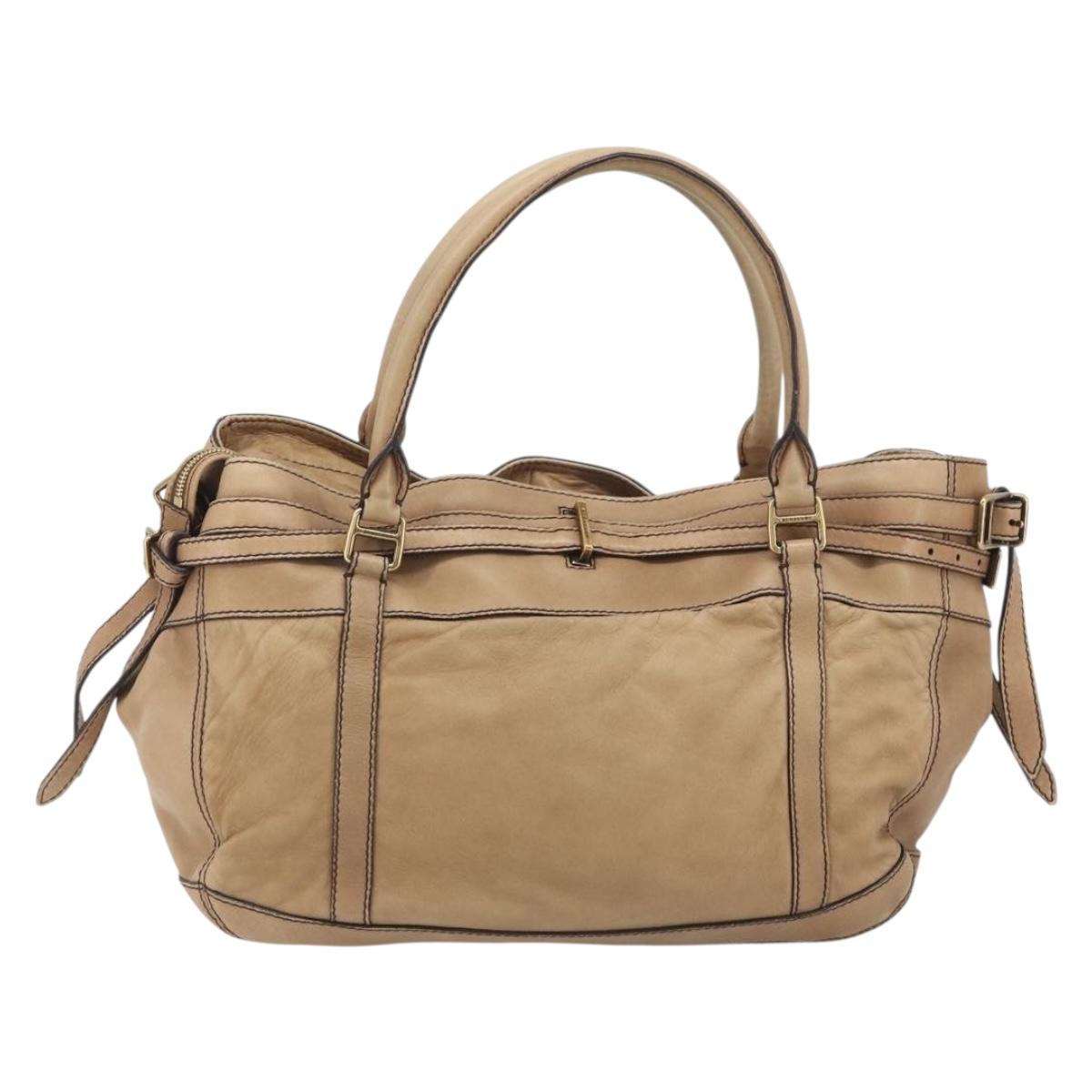 BURBERRY Tote Bag Leather Beige Gold Auth 195681A