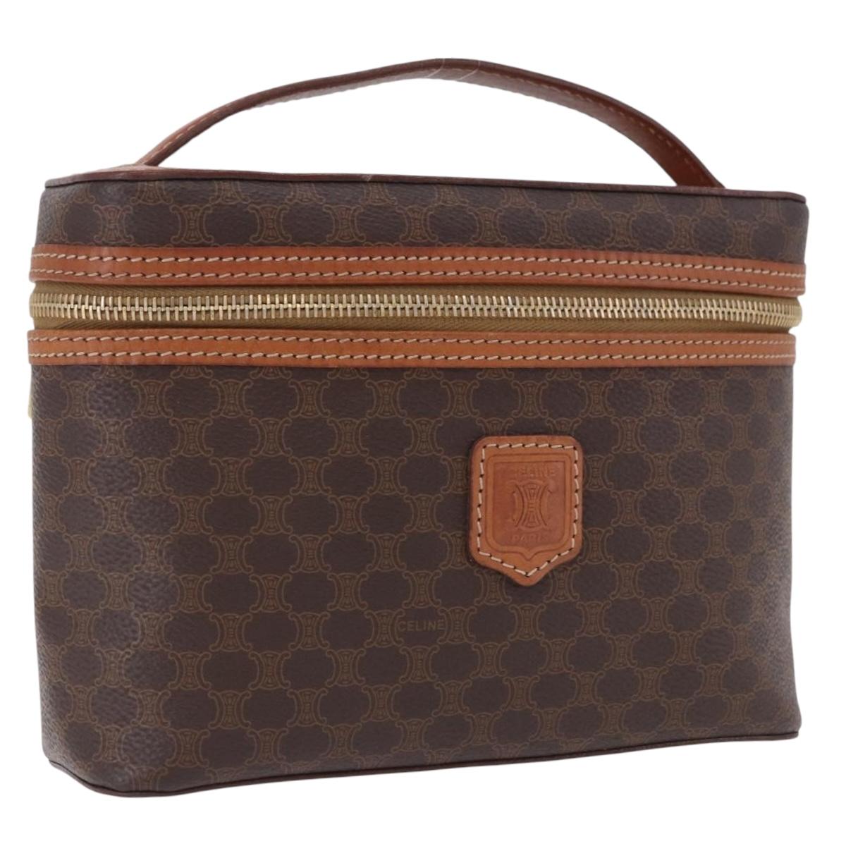 CELINE Macadam Canvas Vanity Pouch PVC Leather Brown Gold Auth 195699A