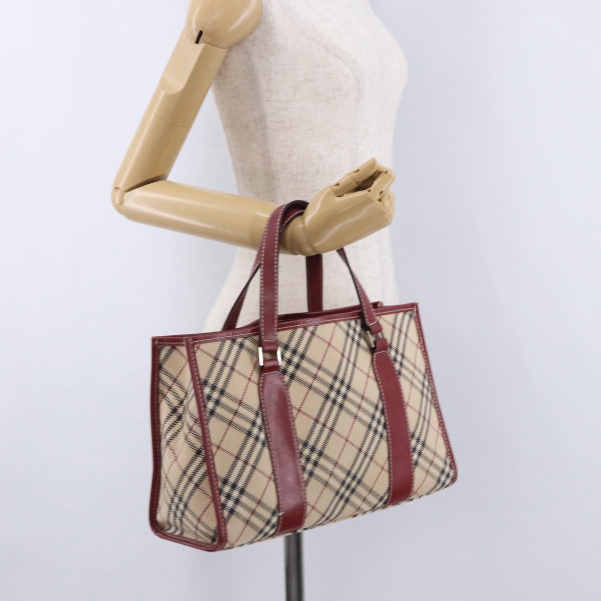 BURBERRY Nova Check Blue Label Hand Bag Canvas Beige Silver Auth 195703