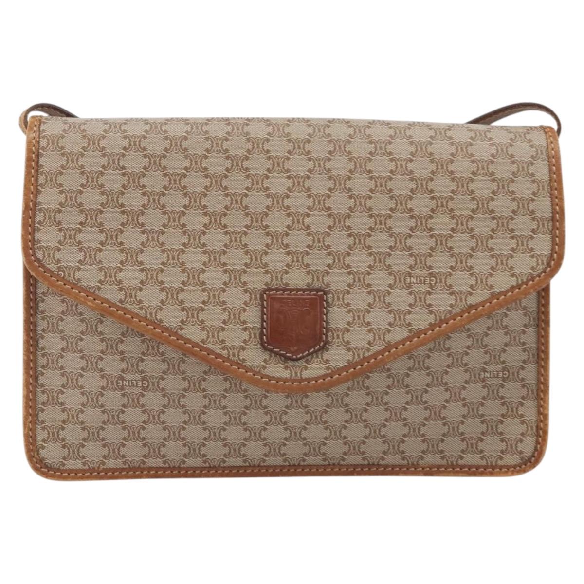 CELINE Macadam Canvas Shoulder Bag PVC Beige Gold Auth 195715