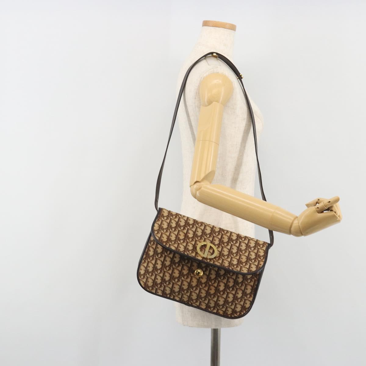 Christian Dior Trotter Canvas Shoulder Bag Beige Gold Auth 195717