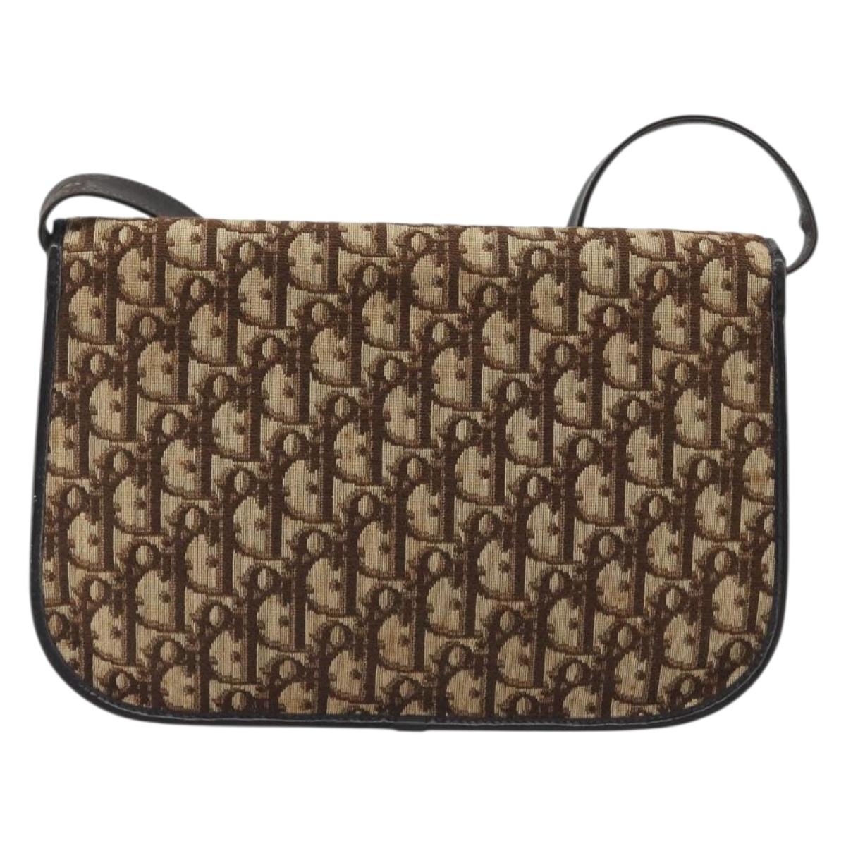 Christian Dior Trotter Canvas Shoulder Bag Beige Gold Auth 195717