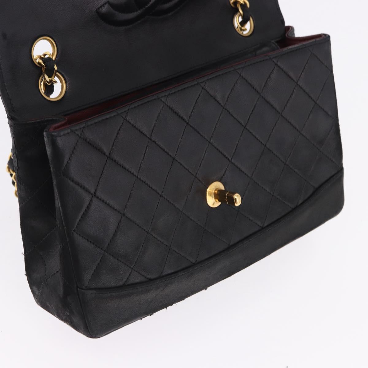 CHANEL Matelasse Chain Shoulder Bag Lamb Skin Black Gold CC Auth 195725
