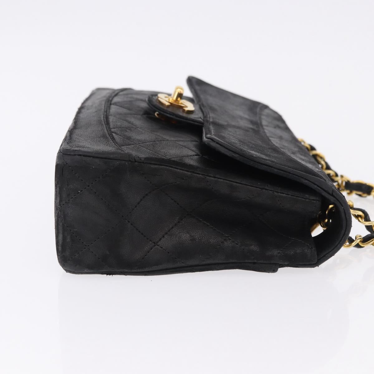 CHANEL Matelasse Chain Shoulder Bag Lamb Skin Black Gold CC Auth 195725