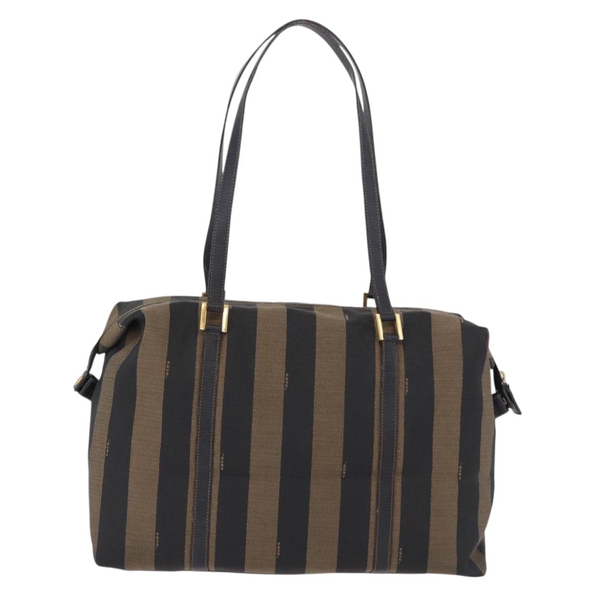 FENDI Pecan Canvas Tote Bag Brown Black Auth 195728A
