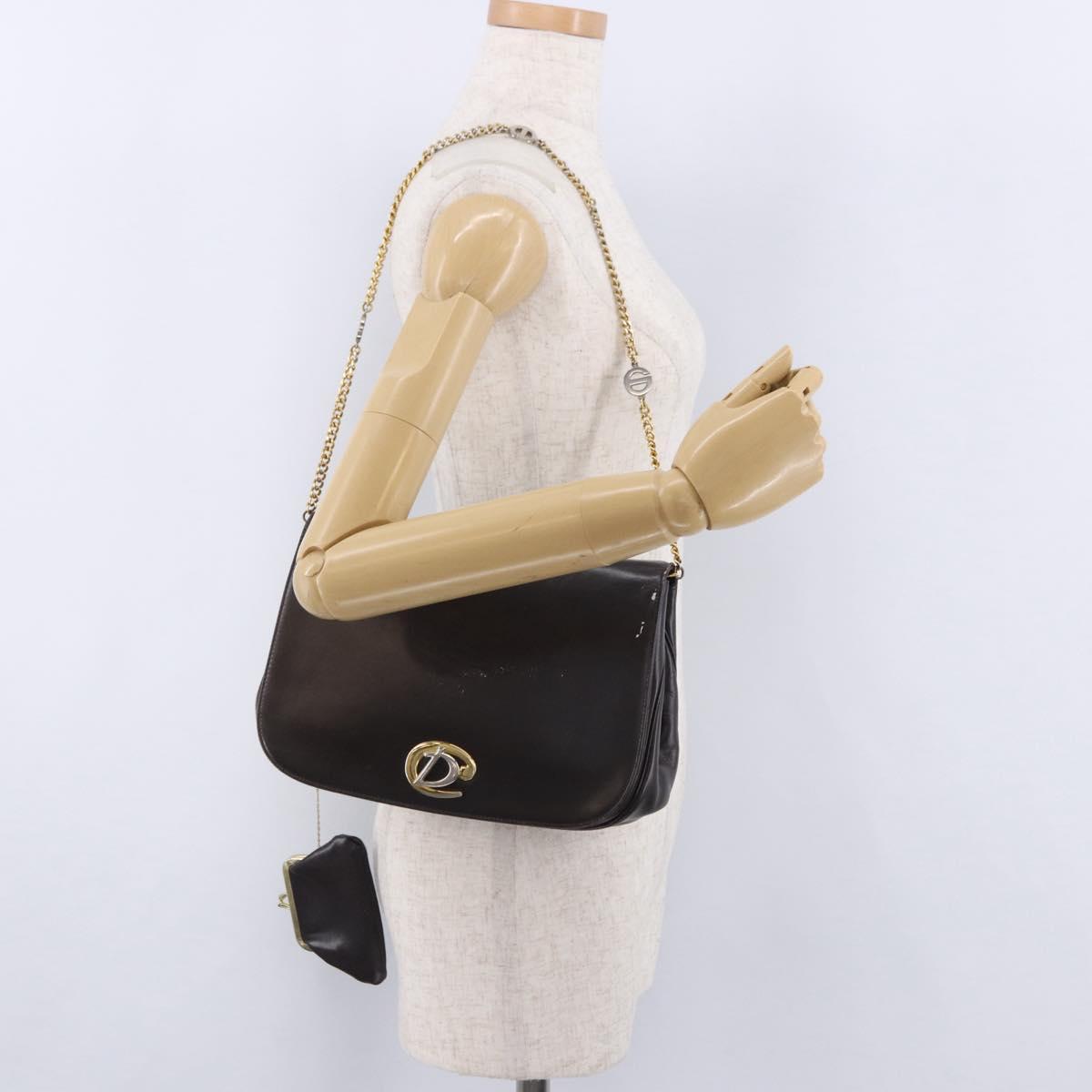 Christian Dior Chain Shoulder Bag Leather Dark Brown Gold Auth 195730