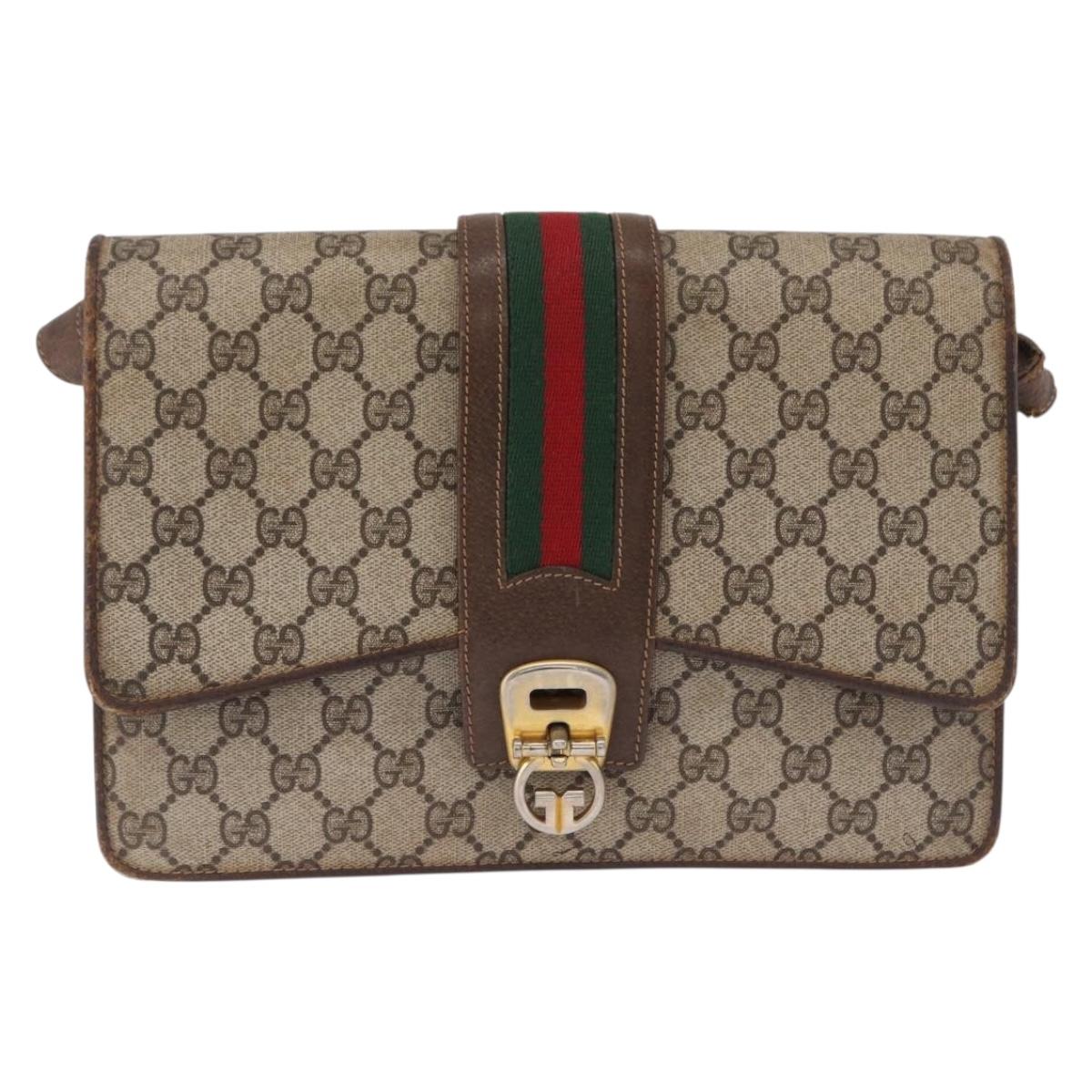 GUCCI GG Supreme Web Sherry Line Shoulder Bag PVC Beige Gold Auth 195731
