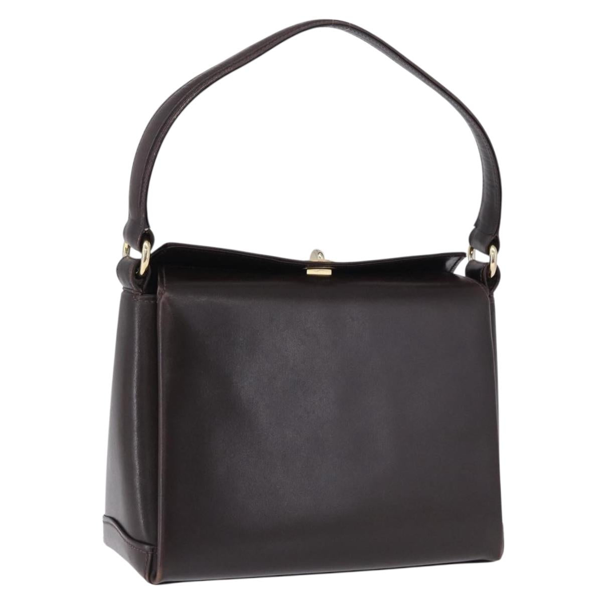 GUCCI Hand Bag Leather Dark Brown Gold Auth 195744A