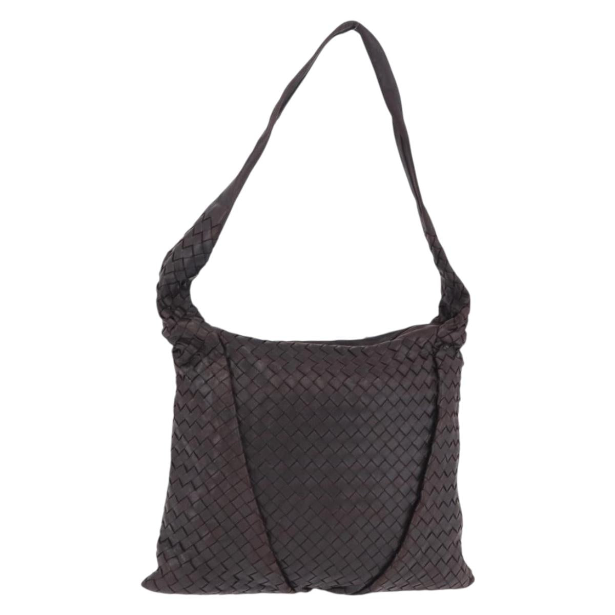 BOTTEGA VENETA INTRECCIATO Shoulder Bag Leather Dark Brown Silver Auth 195750V