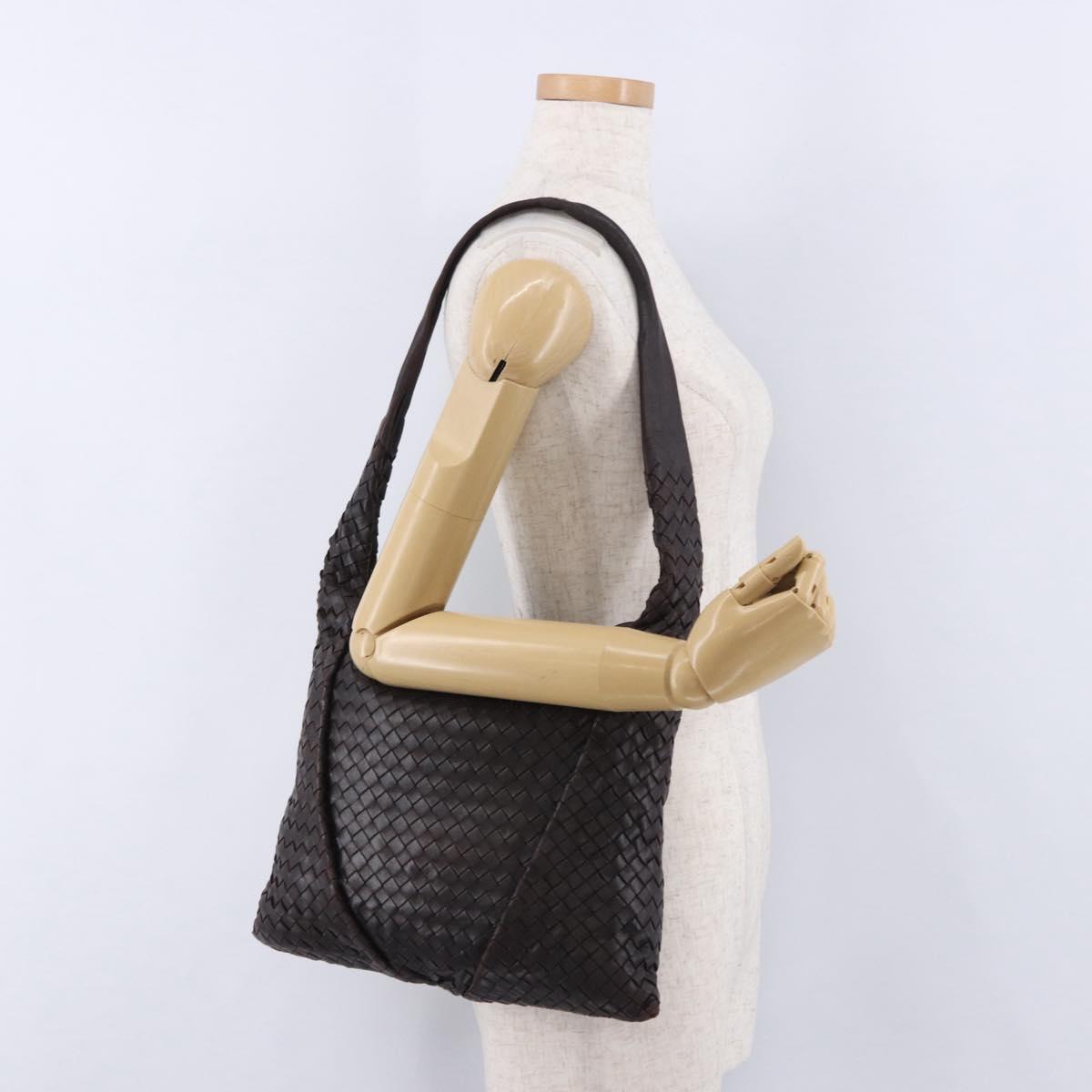 BOTTEGA VENETA INTRECCIATO Shoulder Bag Leather Dark Brown Silver Auth 195750V