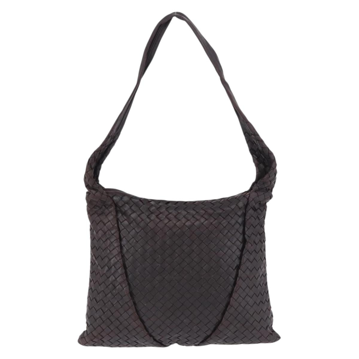 BOTTEGA VENETA INTRECCIATO Shoulder Bag Leather Dark Brown Silver Auth 195750V