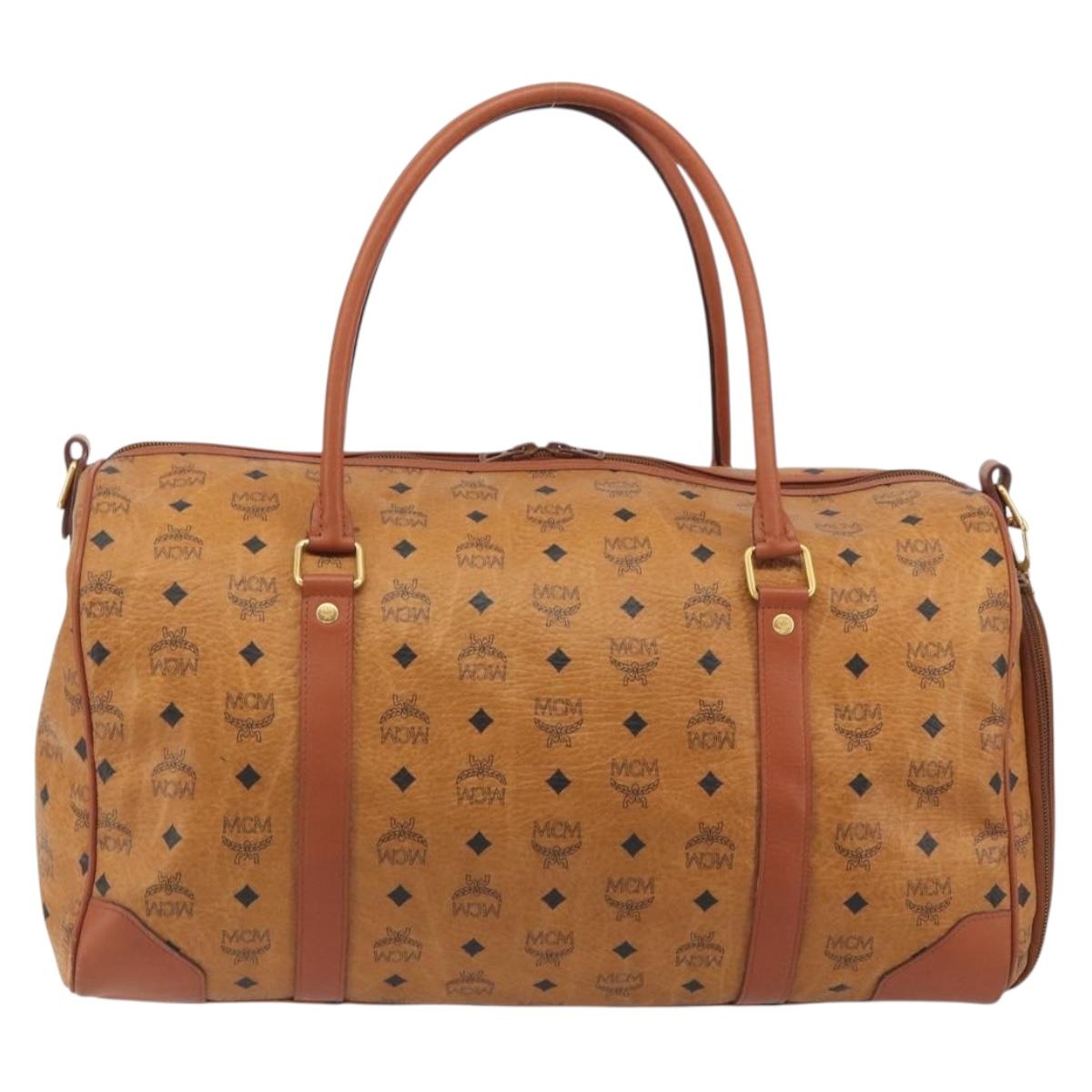 MCM Vicetos Boston Bag PVC Leather Brown Gold Tone Auth 195757
