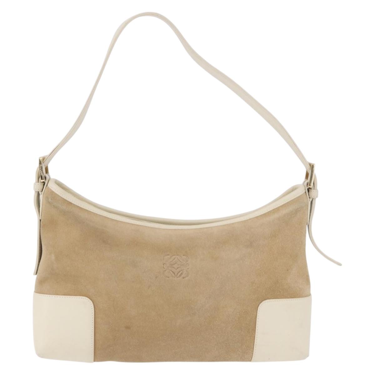 LOEWE Anagram Shoulder Bag Suede Beige Gold Tone Auth 195760V