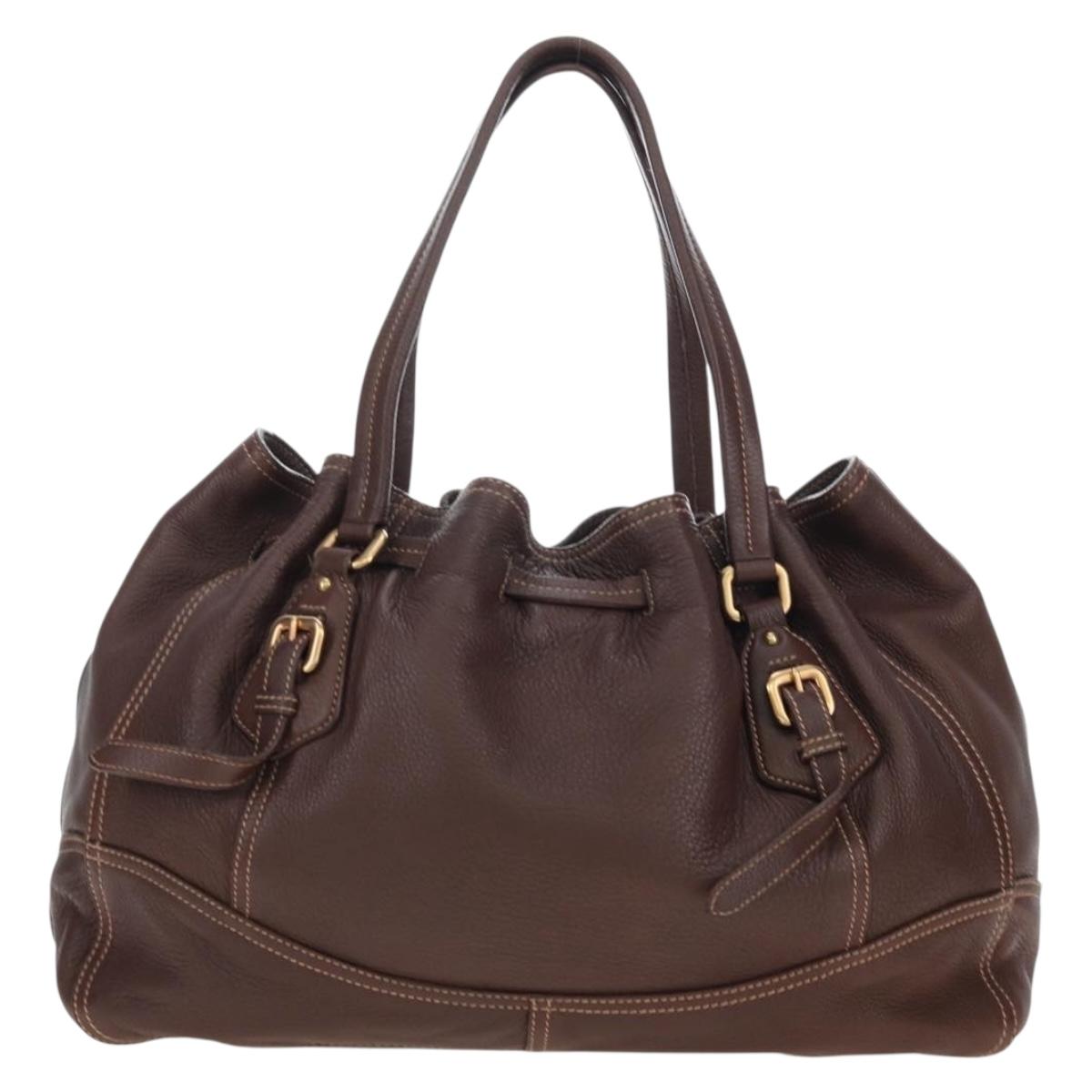 PRADA Tote Bag Leather Brown Gold Tone Auth 195768M