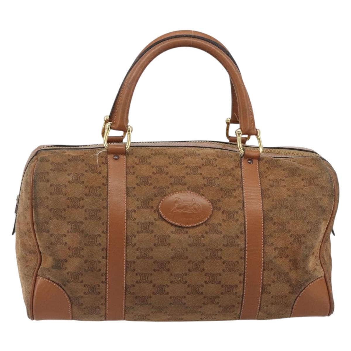 CELINE Macadam Boston Bag Suede Brown Gold Tone Auth 195774