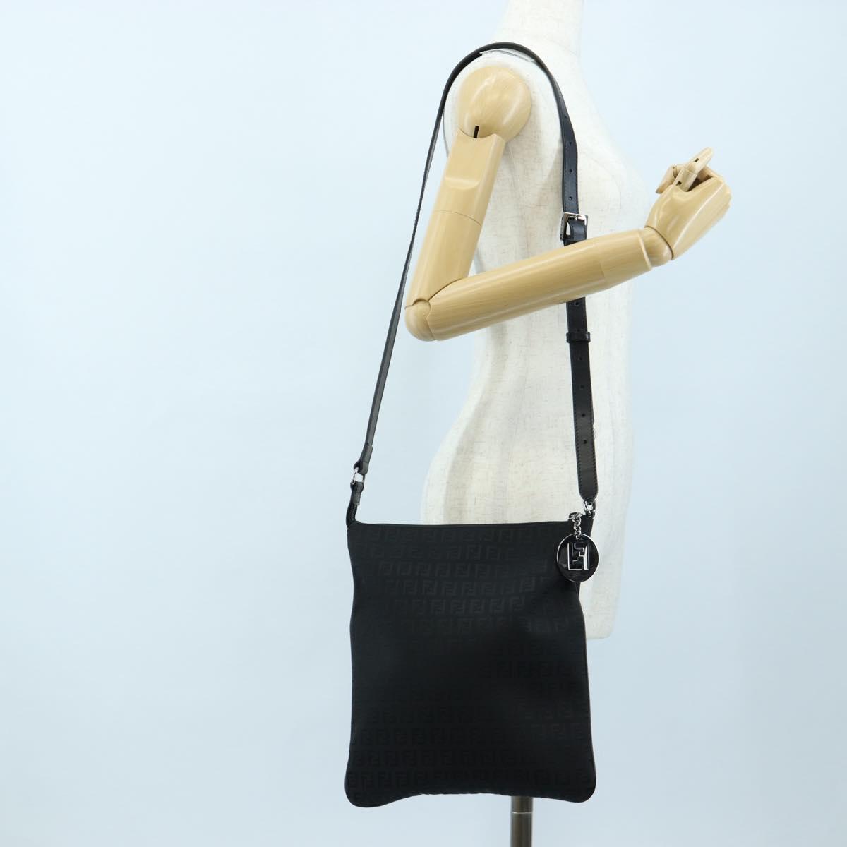 FENDI Zucchino Canvas Shoulder Bag Black Silver 8BT151 Auth 195776V