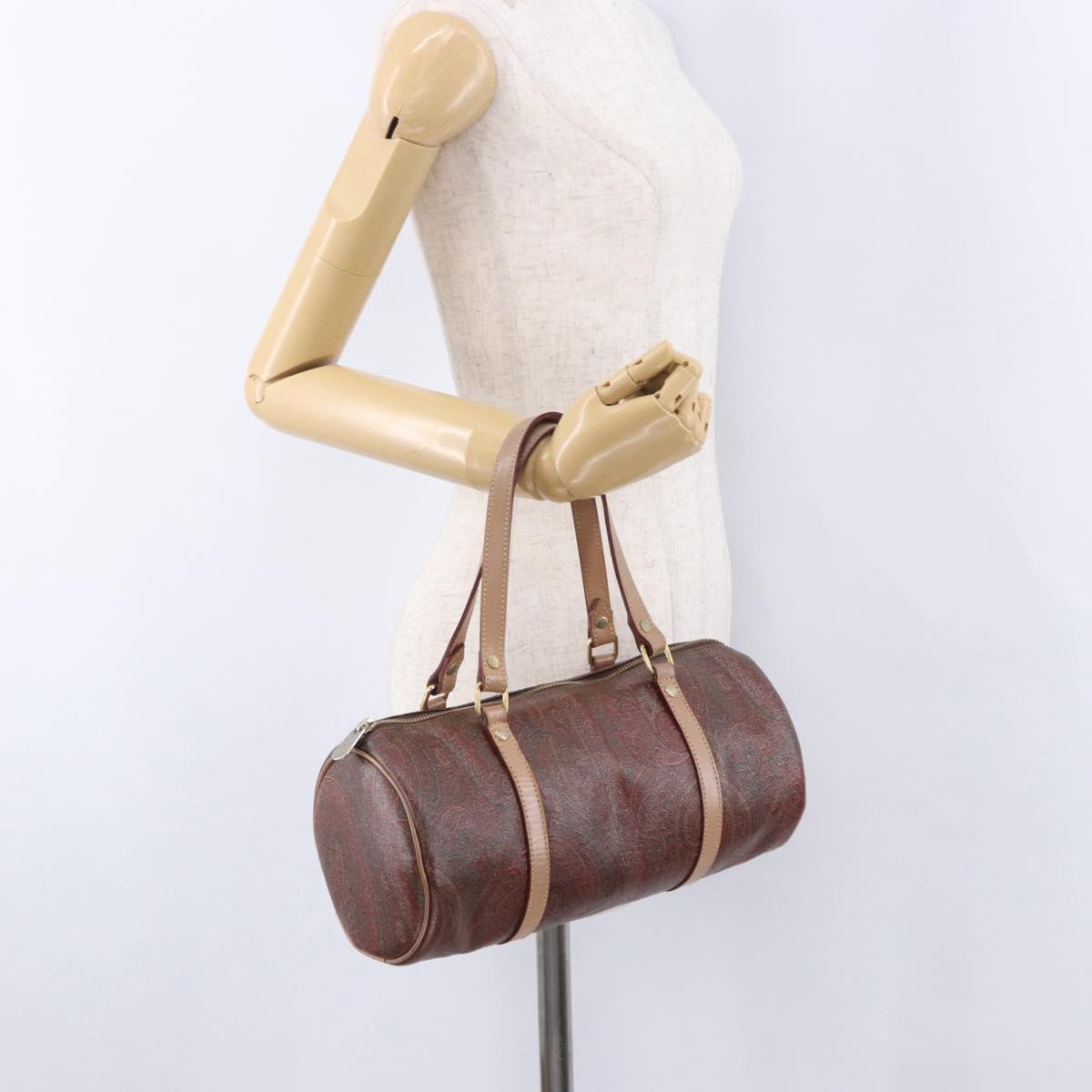 ETRO Paisley Hand Bag Leather Brown Gold Tone Auth 195784