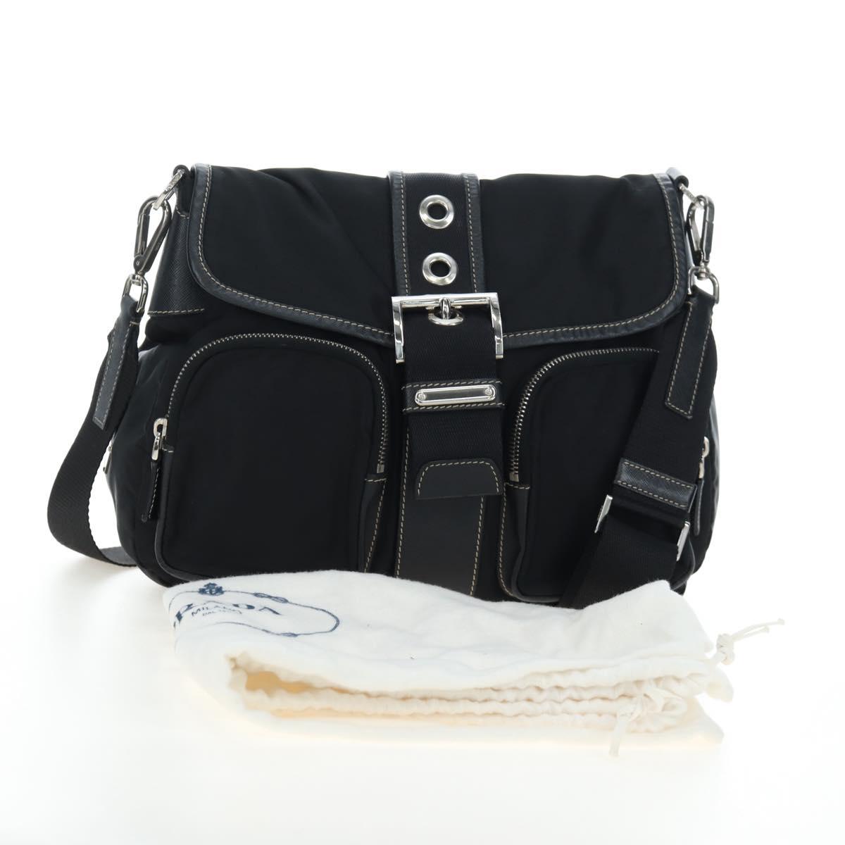 PRADA Nylon Shoulder Bag Black Silver Auth 195790V