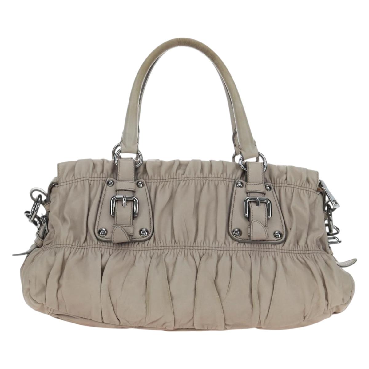 PRADA Gathered Hand Bag Leather 2way Gray Silver Auth 195793V