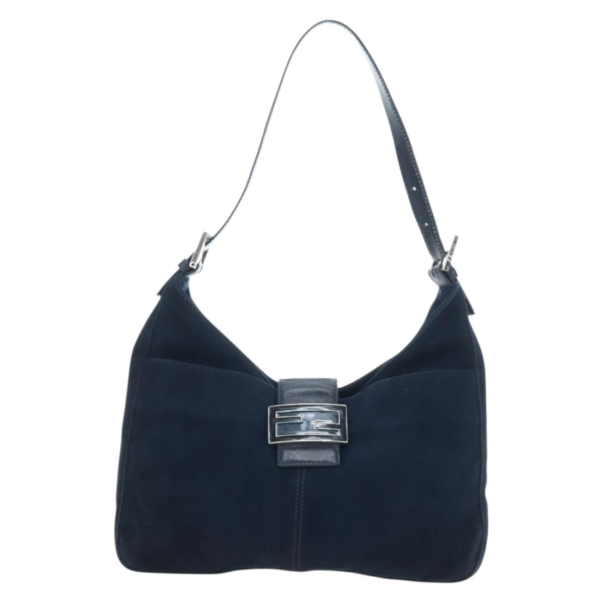 FENDI Mamma Baguette Shoulder Bag Suede Navy Silver Auth 195796V