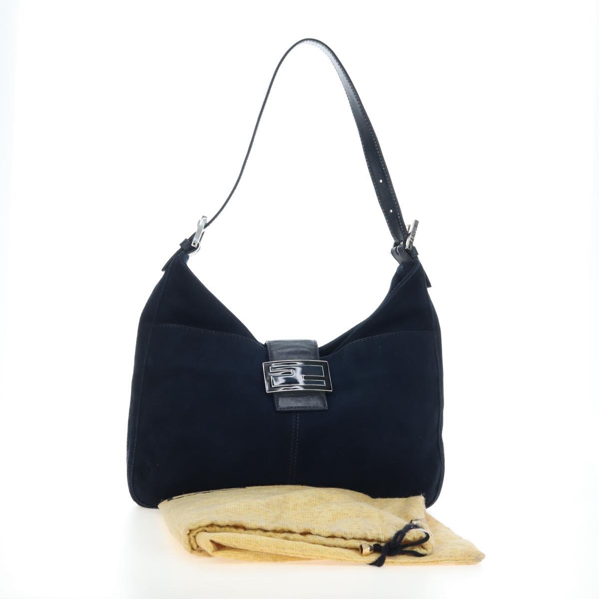 FENDI Mamma Baguette Shoulder Bag Suede Navy Silver Auth 195796V