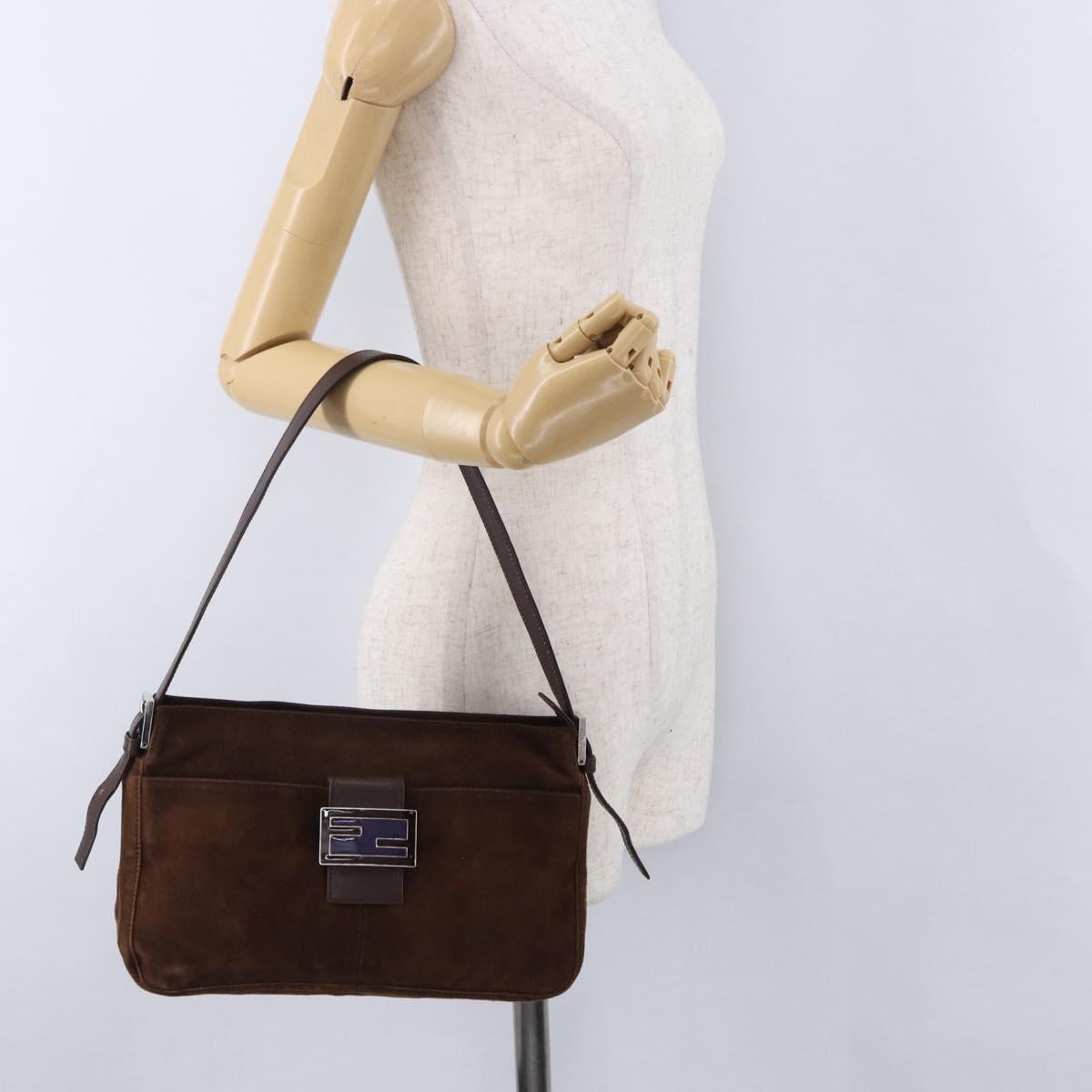 FENDI Mamma Baguette Shoulder Bag Suede Brown Silver Auth 195797V