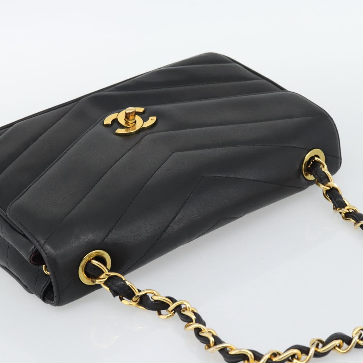 CHANEL V stitch Chain Shoulder Bag Lamb Skin Black Gold CC Auth 195911V