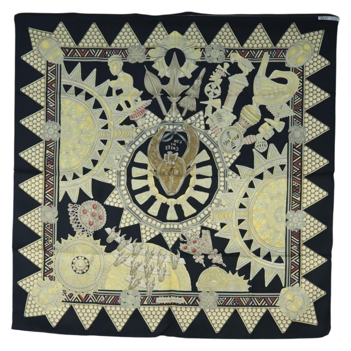 HERMES Carre 90 Scarf ”L'OR DES CHEFS” Silk Black Auth 195923M