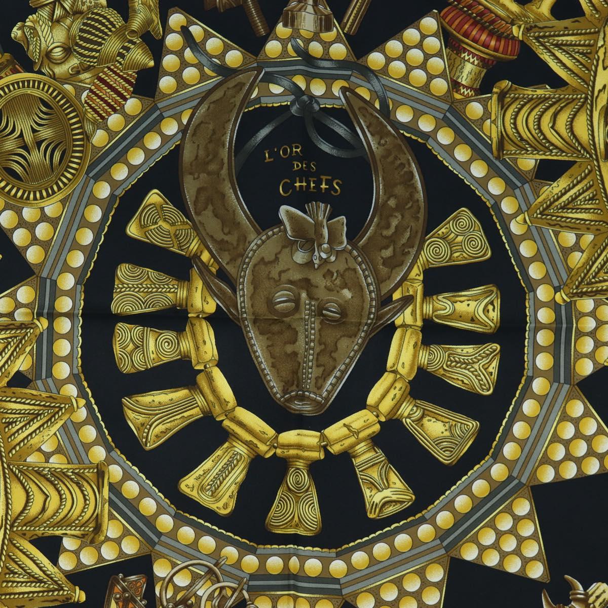 HERMES Carre 90 Scarf ”L'OR DES CHEFS” Silk Black Auth 195923M