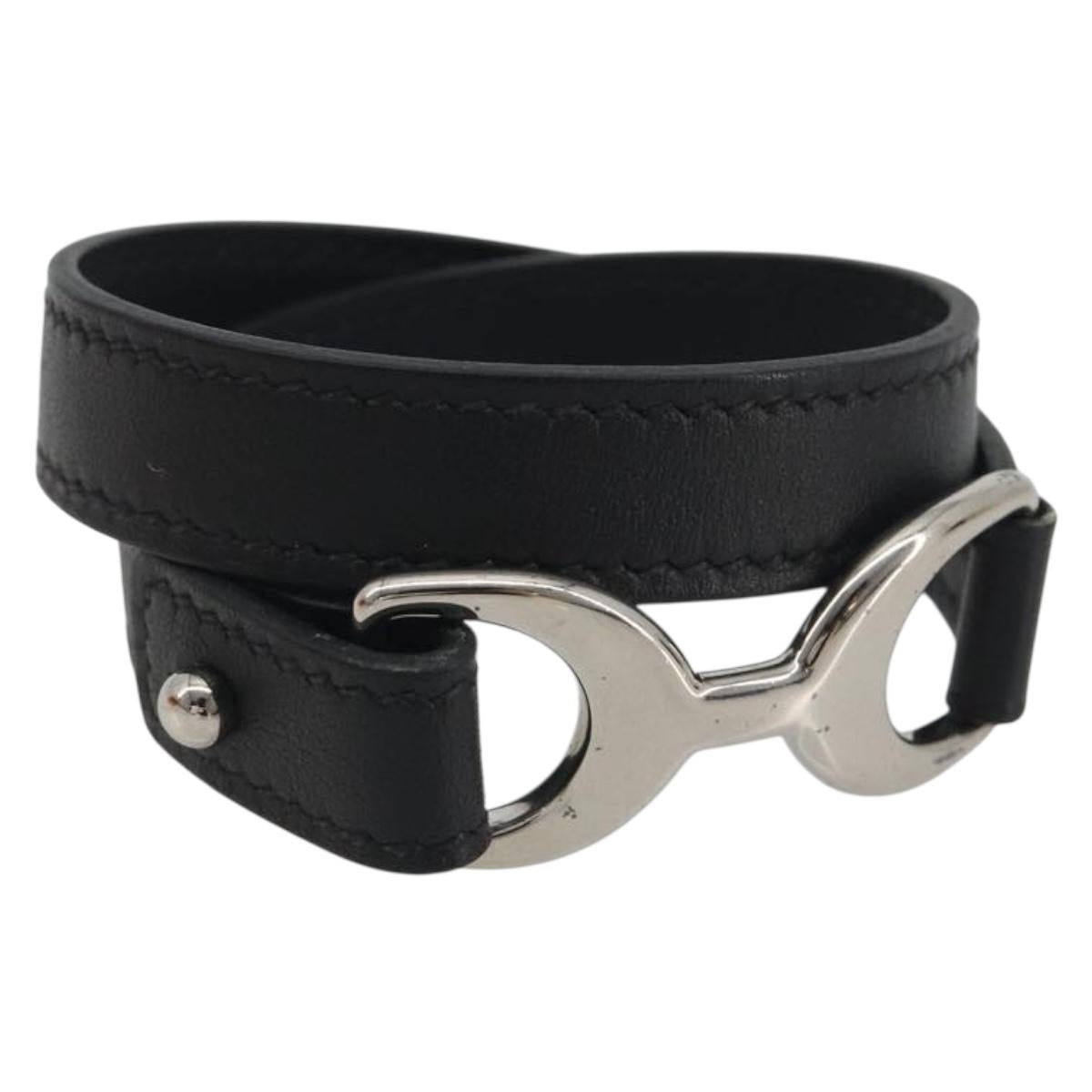 HERMES Papan Bracelet Leather Black Silver Auth 195944M