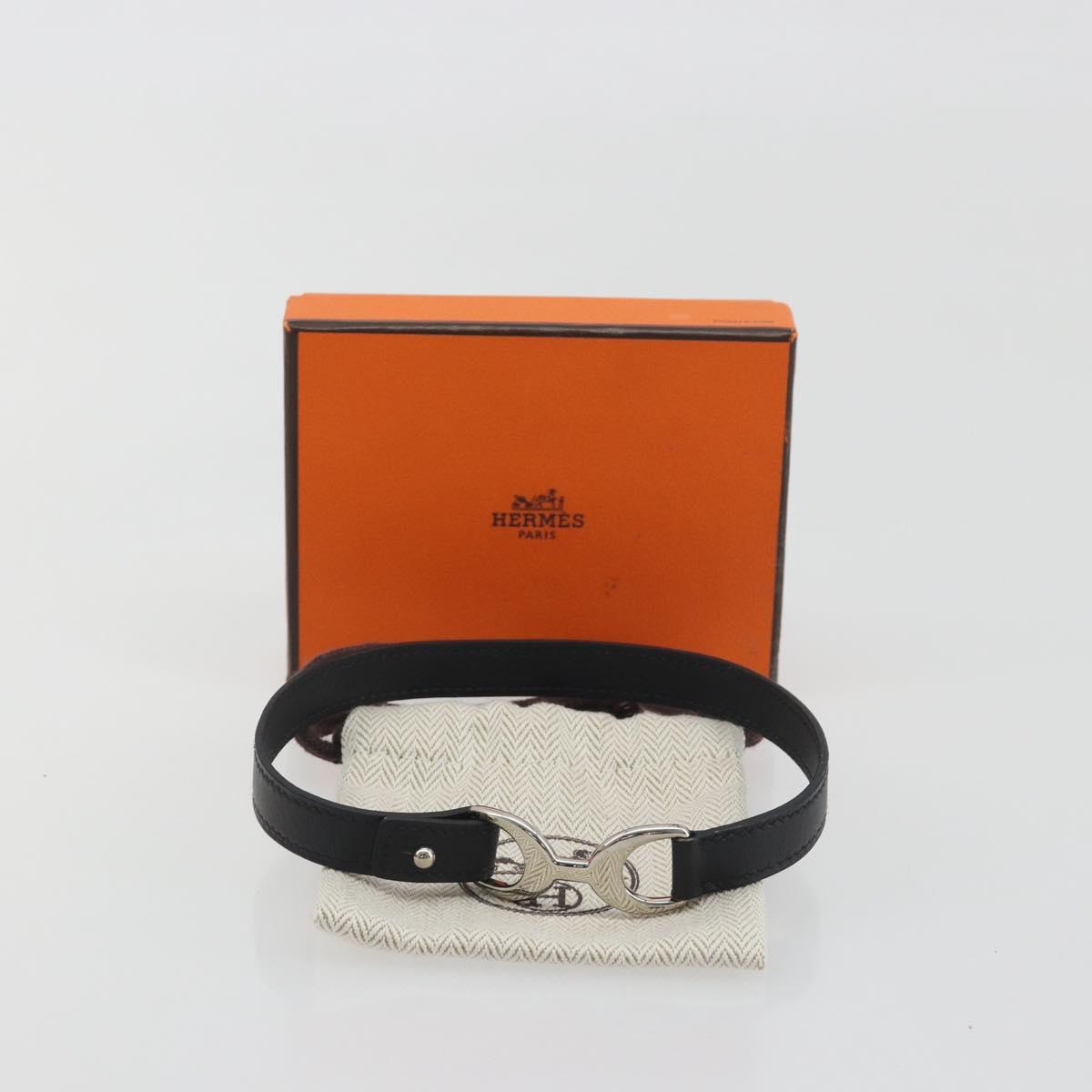 HERMES Papan Bracelet Leather Black Silver Auth 195944M