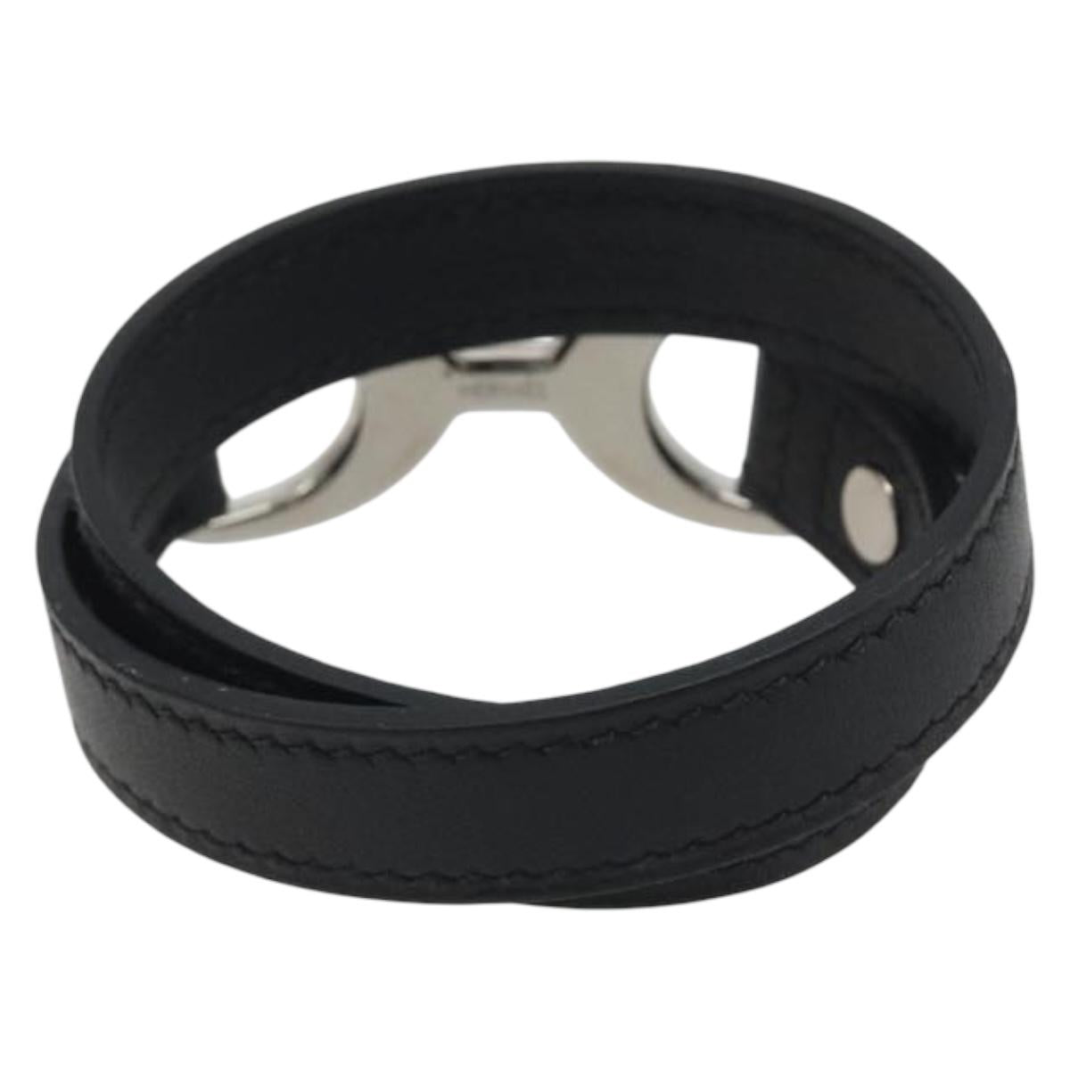 HERMES Papan Bracelet Leather Black Silver Auth 195944M