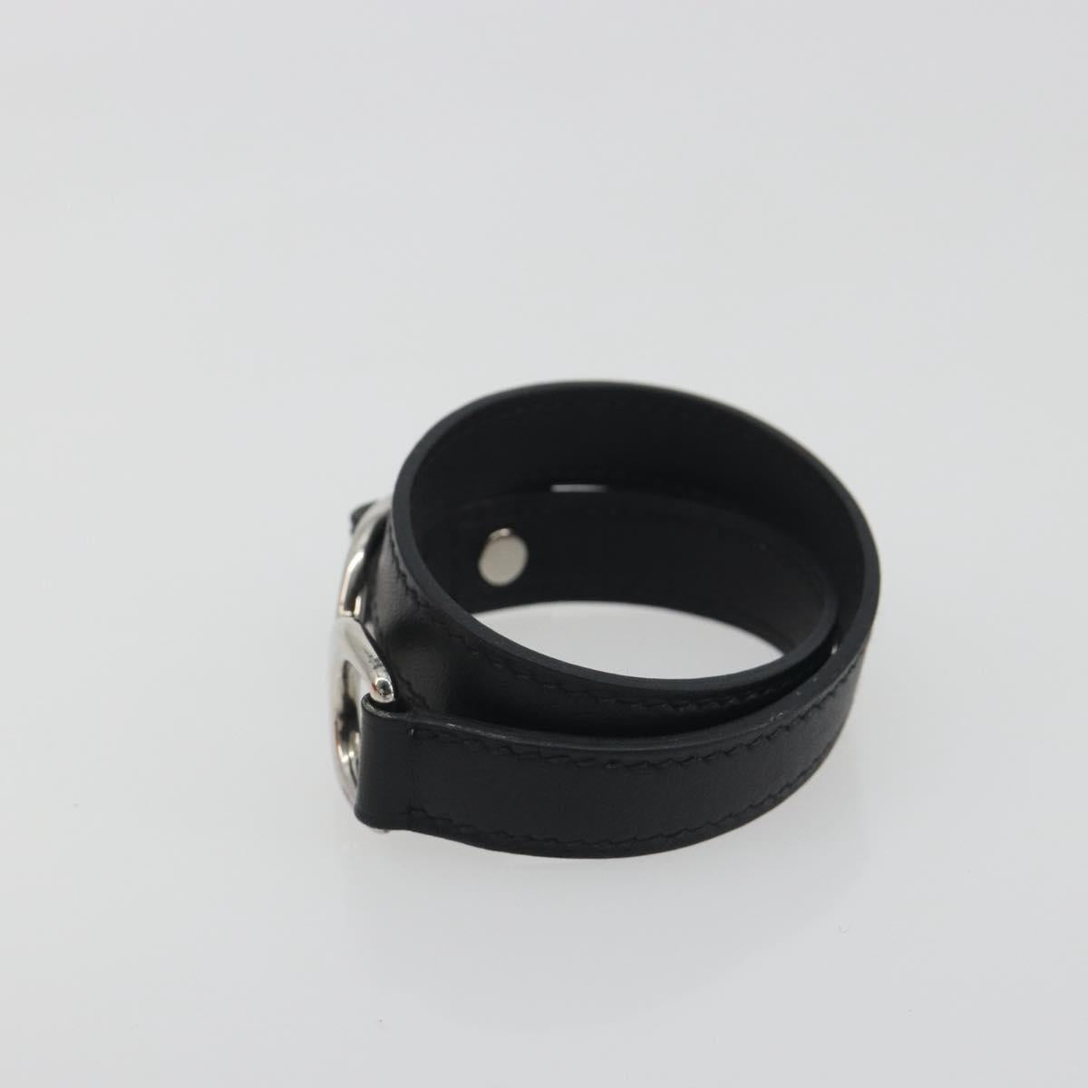 HERMES Papan Bracelet Leather Black Silver Auth 195944M